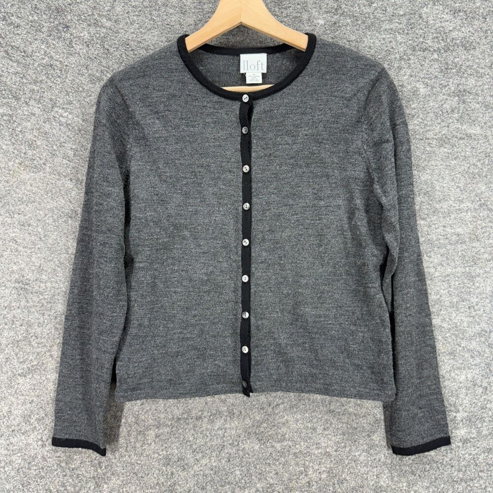 Loft Cardigan Women M Medium Gray Button Up Long Sleeve Wool Knit Crew Neck